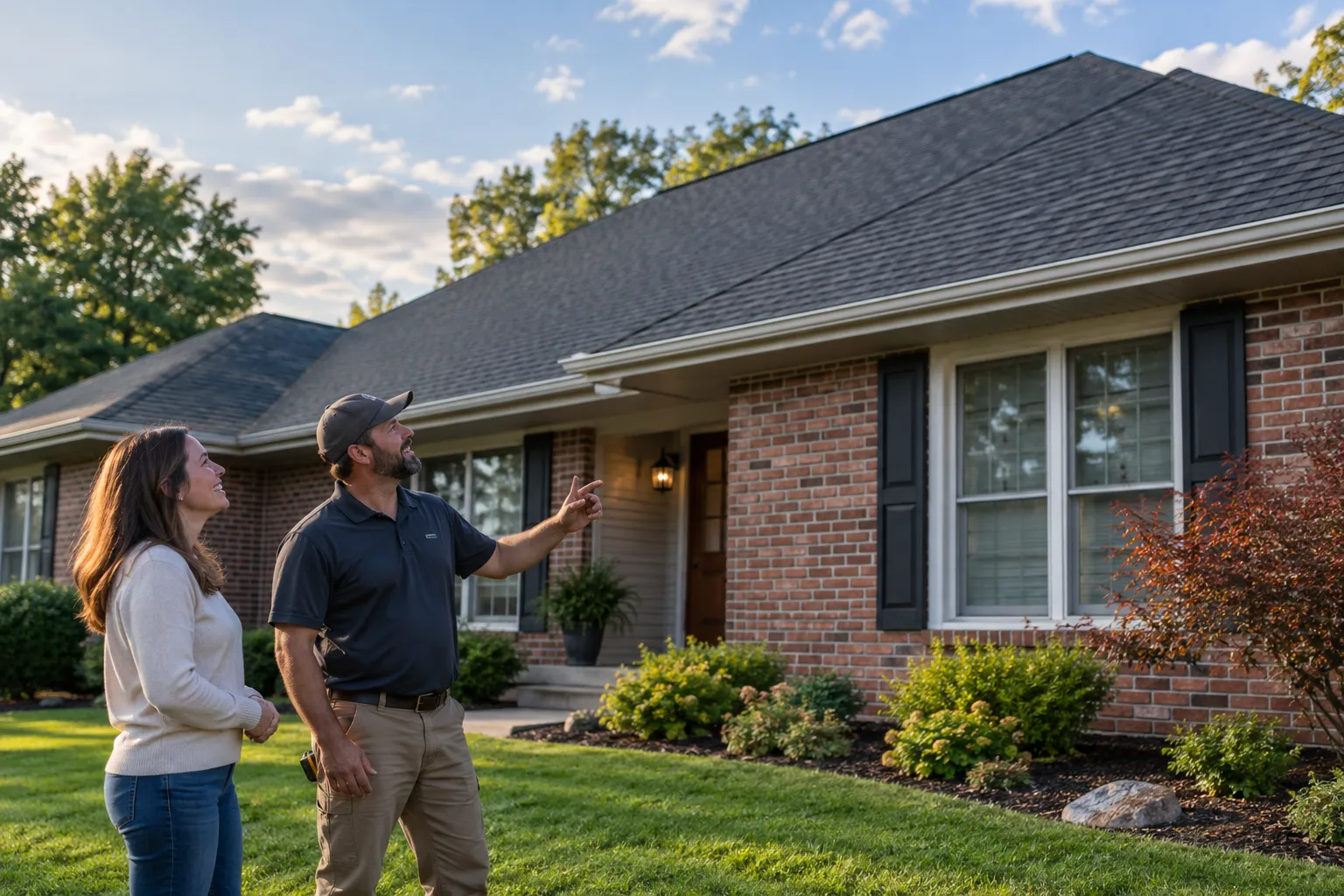 A homeowner and a roofing provider looking over a new shingle roof on a home near Dayton